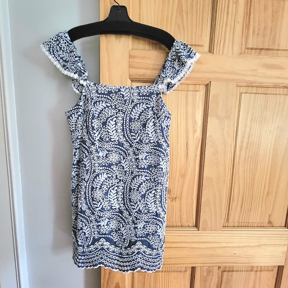 Alice + Olivia Flutter Sleeve Eyelet Cotton Dress White Blue 10